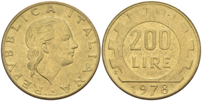 Италия 200 лир 1978 R, шестерня KM 105 алюминиевая бронза 86-1827