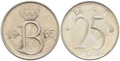 Бельгия 25 сантимов 1965 Belgique, Бодуэн I (1951-1993) KM 153.1 медно-никель 214-427