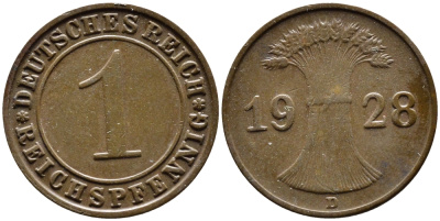 ГЕРМАНИЯ 1 РЕЙХСПФЕННИГ 1928 D KM 37, J.313 бронза 4387-1126