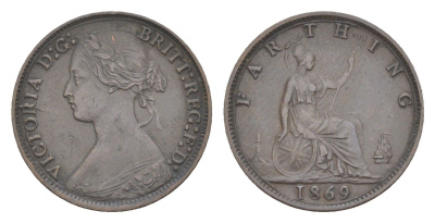 Великобритания 1 фартинг 1869 Виктория (1837-1901) KM 747.2, Spink 3958 бронза 3896-1534
