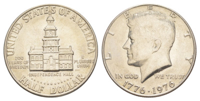 США 1/2 доллара (50 центов) 1976 200 лет независимости, Джон Кеннеди KM 205 медь плакированная медно-никелем aUNC 4545-223