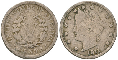 США 5 центов 1911 голова свободы KM 112 медно-никель 3336-356