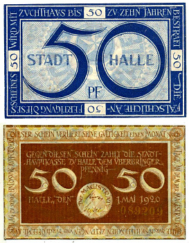 Галле 50 пфеннигов 1920 1 мая 1920, нотгельд, земля Саксония-Анхальт, 4 мм Grabowski H4.5b бумага 2195-11-2-1