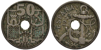 Испания 50 сентимо 1949 (54) Франсиско Франко (1939-1975), морская атрибутика KM 777 медно-никель 4549-839