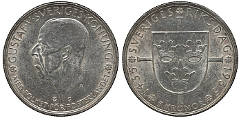 Швеция 5 крон 1935 G, Густав V (1907-1950), 500 лет Шведскому парламенту KM 806 серебро 4552-731