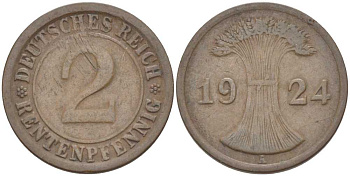 ГЕРМАНИЯ 2 РЕНТЕНПФЕННИГA 1924 A KM 31, J. 307, Weege 3 бронза 206-854