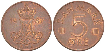 ДАНИЯ 5 ЭРЕ 1987 R; B, МАРГРЕТЕ II (1972-) KM 859.3 железо плакированное медью 4392-1123