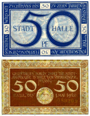 Галле 50 пфеннигов 1920 1 мая 1920, нотгельд, земля Саксония-Анхальт, 4 мм Grabowski H4.5b бумага 2195-11-2-1