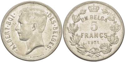БЕЛЬГИЯ 5 ФРАНКОВ 1931 АЛЬБЕРТ I, DES BELGES KM 97.1 никель 3851-133