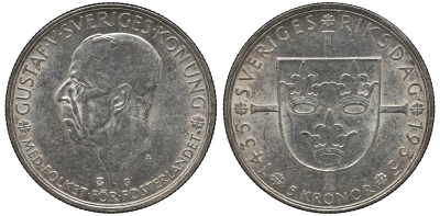 Швеция 5 крон 1935 G, Густав V (1907-1950), 500 лет Шведскому парламенту KM 806 серебро 4552-731