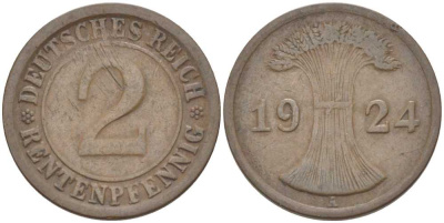 ГЕРМАНИЯ 2 РЕНТЕНПФЕННИГA 1924 A KM 31, J. 307, Weege 3 бронза 206-854