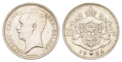 Бельгия 20 франков 1934 Der Belgen, Альберт I (1909-1934) KM 104 серебро 4675-812