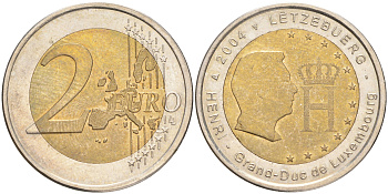 Люксембург 2 евро 2004 Портрет и монограмма герцога Люксембурга Анри Нассау KM 85 биметалл 4556-741