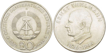 ГДР 20 марок 1971 A, 85 лет со дня рождения Эрнста Тельмана KM 34, J. 1535 медно-никель 4521-341