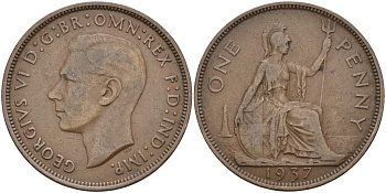Великобритания 1 пенни 1937 Георг VI (1936-1952) KM 845, Spink 4114 бронза 4117-832