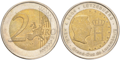 Люксембург 2 евро 2004 Портрет и монограмма герцога Люксембурга Анри Нассау KM 85 биметалл 4556-741