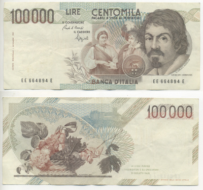 Италия 100000 лир 1983 Караваджо, фруктовый букет, подпись Speziali Pick 110b бумага 7220-23-3