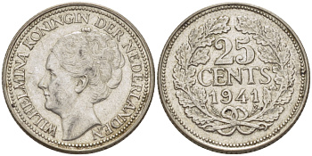 Нидерланды 25 центов 1941 Вильгельмина (1890-1948) KM 164 серебро aUNC 66-1143