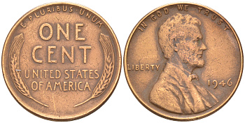 США 1 ЦЕНТ 1946 ЛИНКОЛЬН KM А132 медь цинк 188-252