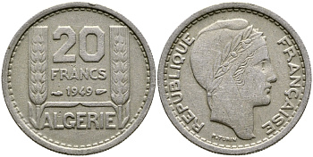 Алжир, Французский 20 франков 1949  KM 91 медно-никель 3999-516