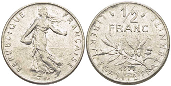ФРАНЦИЯ 1/2 ФРАНКА 1977 СЕЯТЕЛЬ KM 931.1, LE FRANC 198.16 никель 175-952