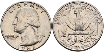 США 25 центов = квотер 1981 P, Вашингтон KM A164a медь плакированная медно-никелем 4584-1127