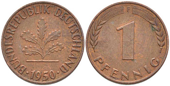 ФРГ 1 ПФЕННИГ 1950 F KM 105, J. 380 сталь плакированная медью 116-349