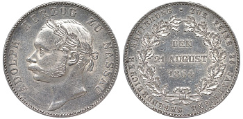 Нассау 1 талер 1864 на 25 лет правления герцога Адольфа Jaeger 63, Thun 238, AKS 77, Kahnt 316, Davenport 750 серебро 00-806-47