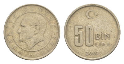 Турция 50000 лир 2001 Кемаль Ататюрк KM 1105 медь цинк никель 4647-648
