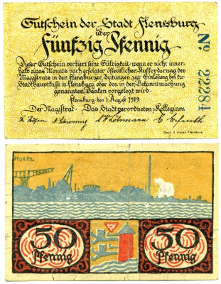 Германия, Фленсбург 50 пфеннигов 1919 земля Шлезвиг-Гольштей, нотгельд Grabowski F7.1  бумага   8614-21-1-2