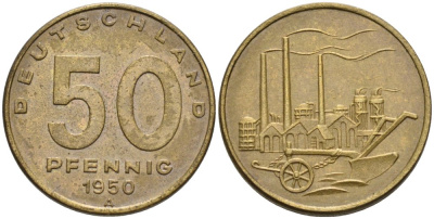 ГДР 50 пфеннигов 1950 А, фабрика KM 4 алюминиевая бронза 4575-521