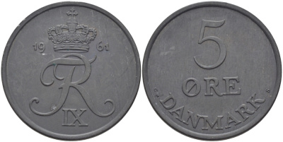 Дания 5 эре 1961 C; S, Фредерик IX (1947-1972) KM 843.2 цинк UNC 3460-211