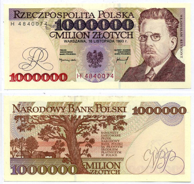ПОЛЬША 1000000 ЗЛОТЫХ 1993 16 НОЯБРЯ 1993, ВЛАДИСЛАВ РЕЙМОНТ Pick 162а бумага аUNC 7218-18-3-1