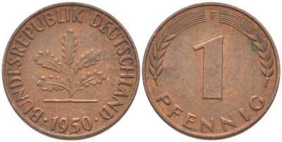 ФРГ 1 ПФЕННИГ 1950 F KM 105, J. 380 сталь плакированная медью 116-349