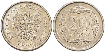 Польша 20 грошей 2000 MW KM 280, Parchimowicz 705h медно-никель 201-516