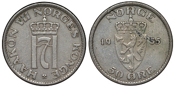 Норвегия 50 эре 1955 Хокон VII (1905-1957) KM 402 медно-никель 4128-1124