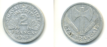 Франция 2 франка 1943 правительство Виши KM 904.1 алюминий 83-522