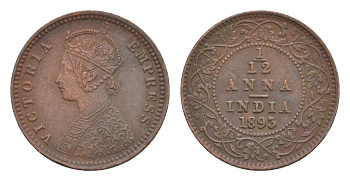 Британская Индия 1/12 анны 1893 Виктория (1837-1901) KM 483 медь 75-1124