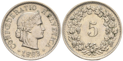Швейцария 5 раппенов 1968 B KM 26 медно-никель 4608-458
