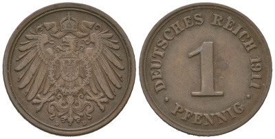 Германия 1 пфенниг 1911 D KM 10, J. 10 медь 4623-436