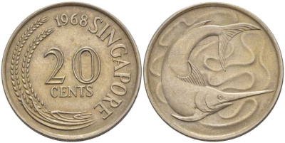 СИНГАПУР 20 ЦЕНТОВ 1968 ГОЛУБОЙ МАРЛИН, ТУНЕЦ KM 4 медно-никель 210-821