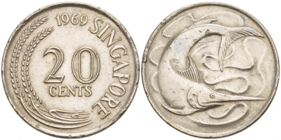 СИНГАПУР 20 ЦЕНТОВ 1969 ГОЛУБОЙ МАРЛИН, ТУНЕЦ KM 4 медно-никель 4548-352