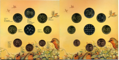 Финляндия евронабор из 8 монет + жетон 2003 птицы, официальный набор в оригинальном буклете UNC 5-6-2-23