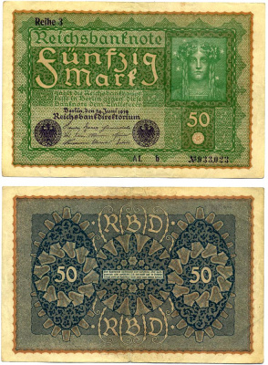 Германия 50 марок 1919 24 июня 1919, REIHE 3, серия AL Pick 66, Розенберг 62c бумага 8619-2-2-1