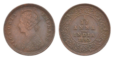 Британская Индия 1/12 анны 1893 Виктория (1837-1901) KM 483 медь 75-1124