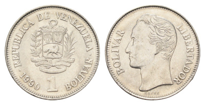 Венесуэла 1 боливар 1990 Симон Боливар Y 52a сталь плакированная никелем UNC 4666-1235