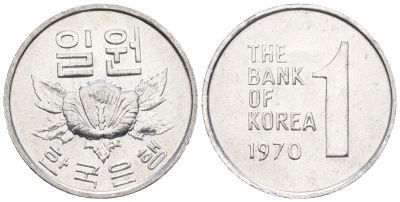 Южная Корея 1 вона 1970 роза шарона KM 4a алюминий  UNC  4151-244