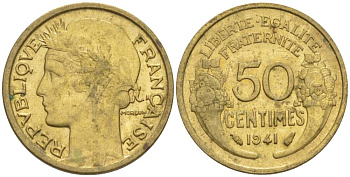 Франция 50 сантимов 1941 тип Морлон KM 894.1, Le Franc 192.18 алюминиевая бронза 44-368