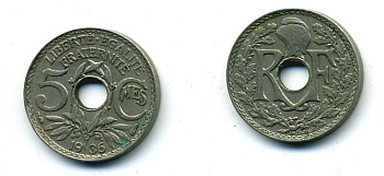 ФРАНЦИЯ 5 САНТИМОВ 1936 ТИП ЛИНДАЙЁ KM 875 медно-никель 84-318