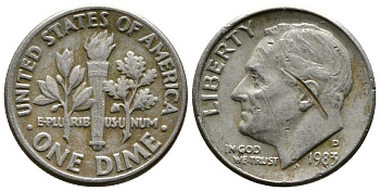 США 10 ЦЕНТОВ = 1 ДАЙМ 1983 D, РУЗВЕЛЬТ KM 195а медь плакированная медно-никелем 57-1227